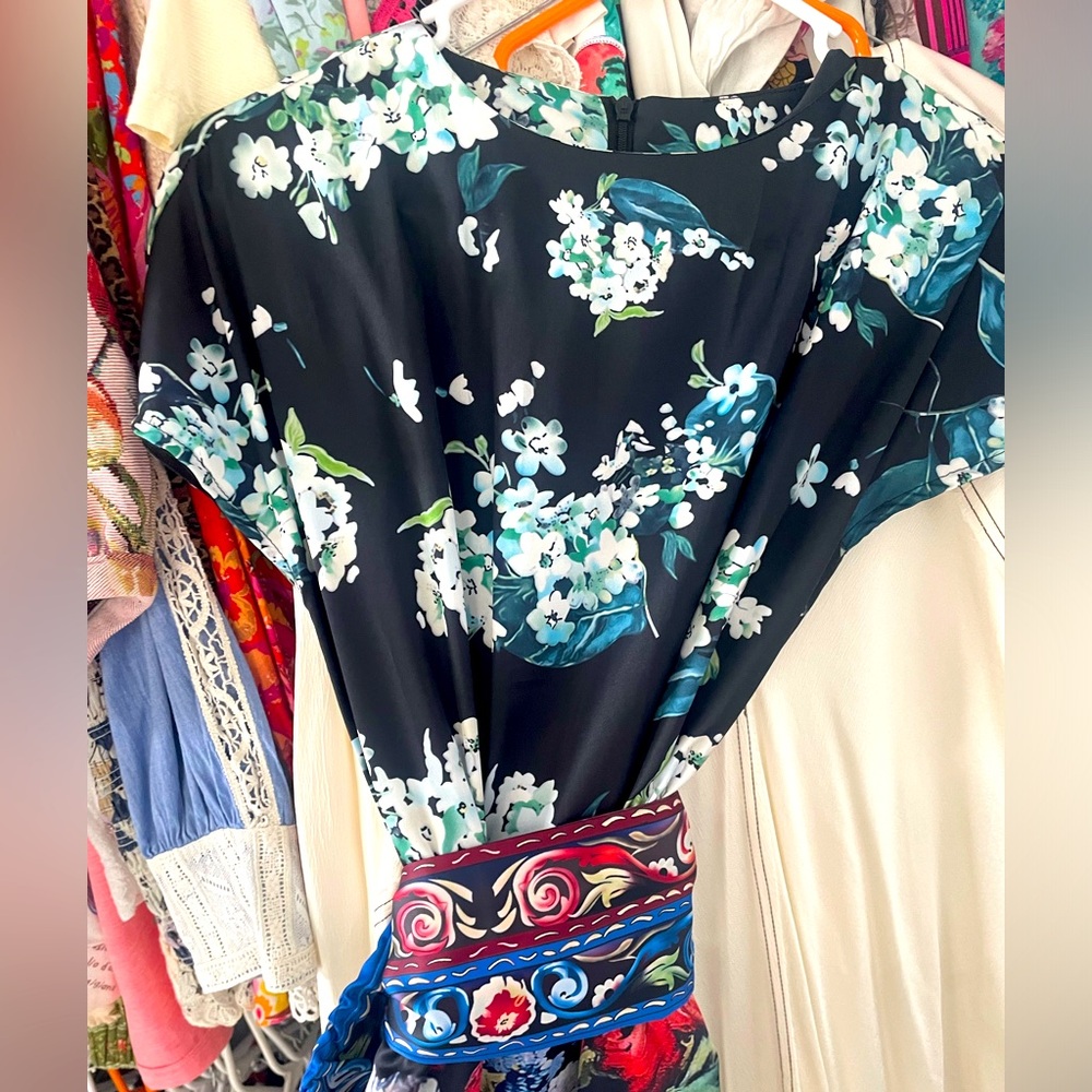 Asian inspired graphic Silk mixed print graphic Cocktail midi dress